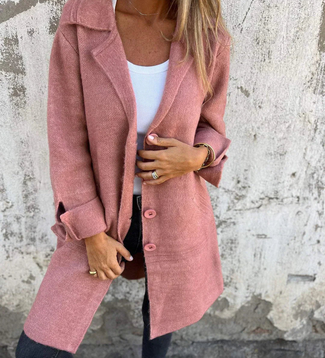 Bohdana - Casual kabát s klopami a zapínaním na gombíky s jedným prsným vreckom